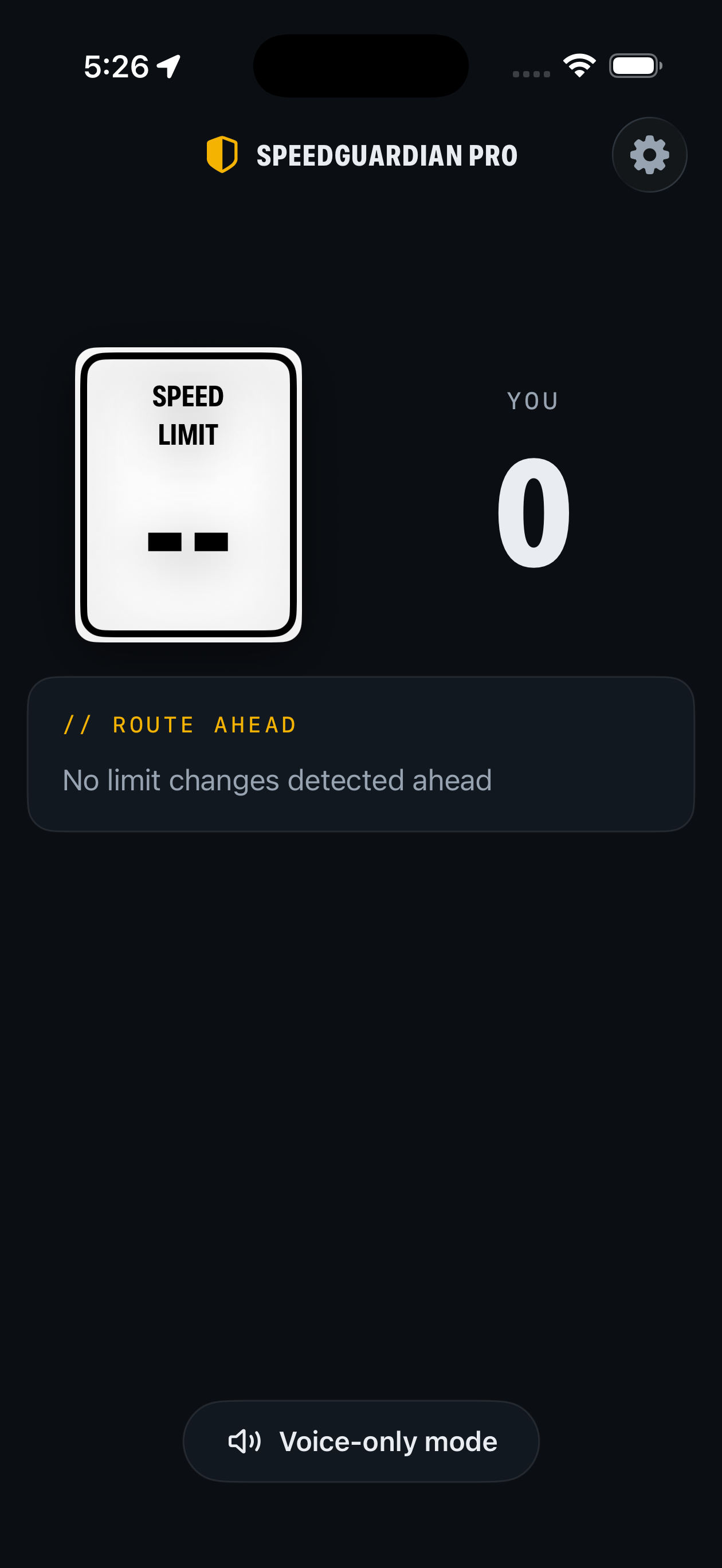 SpeedGuardian Pro live drive screen showing the posted speed limit beside your current speed